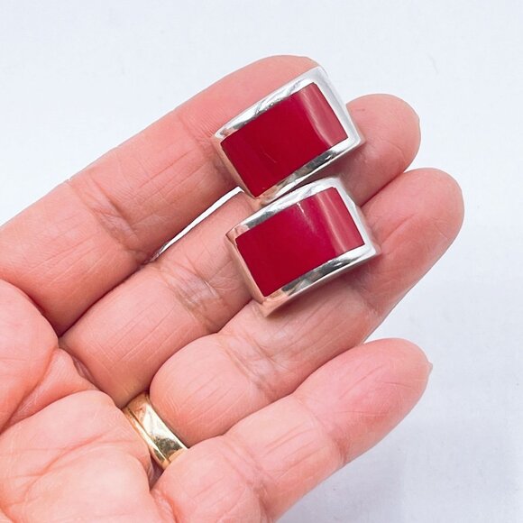 Sterling Silver Earrings With Red Enamel - Picture 3 of 7